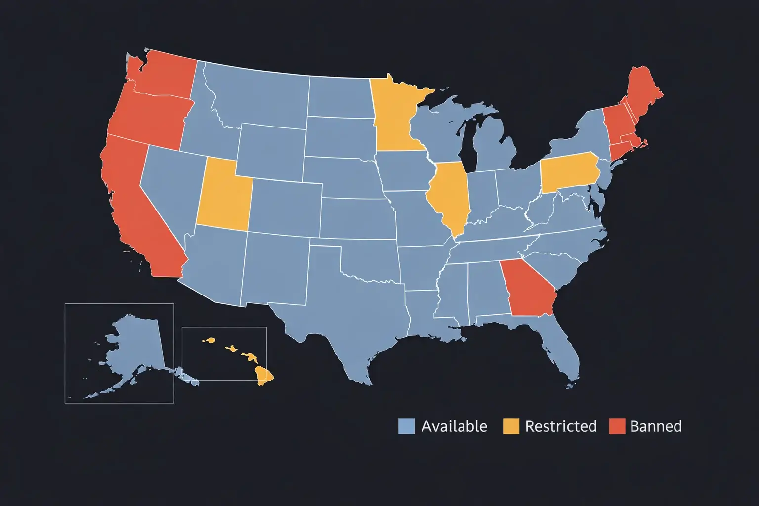 Map of United States showing sweepstakes casino legal status by state in 2026